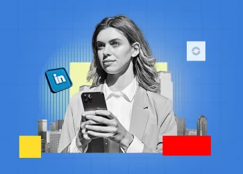 A LinkedIn creator writing a post on a laptop, surrounded by engagement icons.