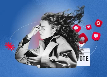 AI-generated political ad on a smartphone screen with a divided audience.