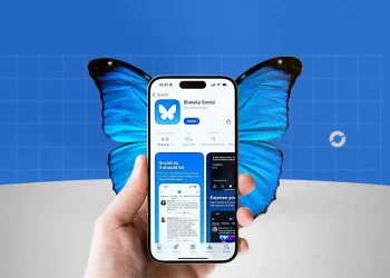 Illustration of Bluesky and X platforms diverging as users navigate between them.