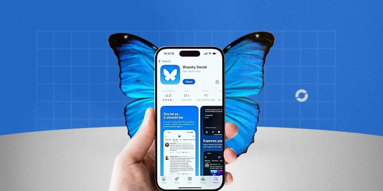 Illustration of Bluesky and X platforms diverging as users navigate between them.