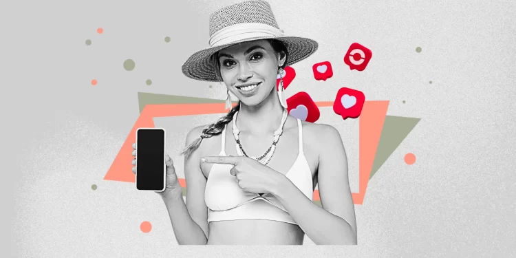 Instagram creator sipping iced coffee in sunlight, with a cozy summer setup in the background.