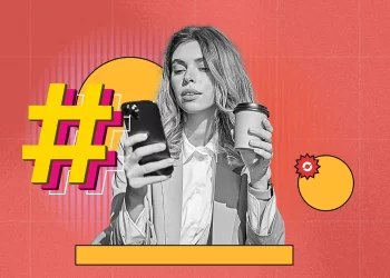 Collage of faded social media hashtags replaced by algorithmic patterns on a phone screen