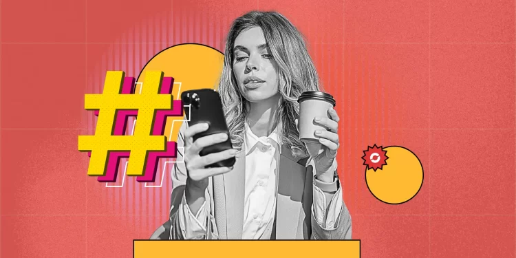 Collage of faded social media hashtags replaced by algorithmic patterns on a phone screen