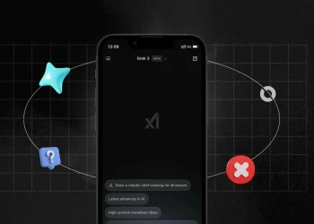 Abstract AI interface with warning symbol and glitch effects.