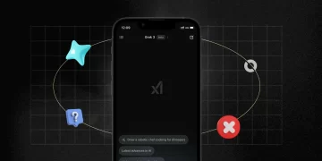 Abstract AI interface with warning symbol and glitch effects.