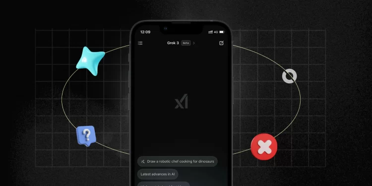 Abstract AI interface with warning symbol and glitch effects.