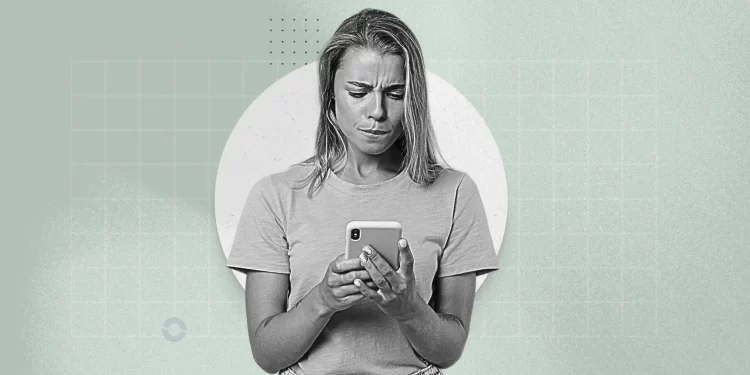 A person looking at multiple notifications on their phone, surrounded by blurred messages and icons.