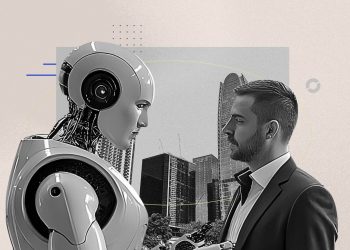 Illustration of human and AI-generated content colliding in a noisy digital feed