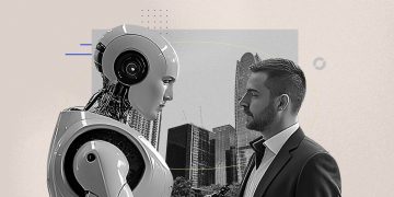 Illustration of human and AI-generated content colliding in a noisy digital feed