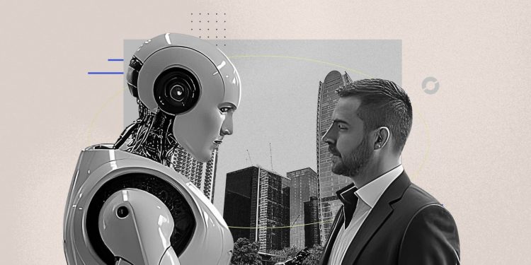 Illustration of human and AI-generated content colliding in a noisy digital feed