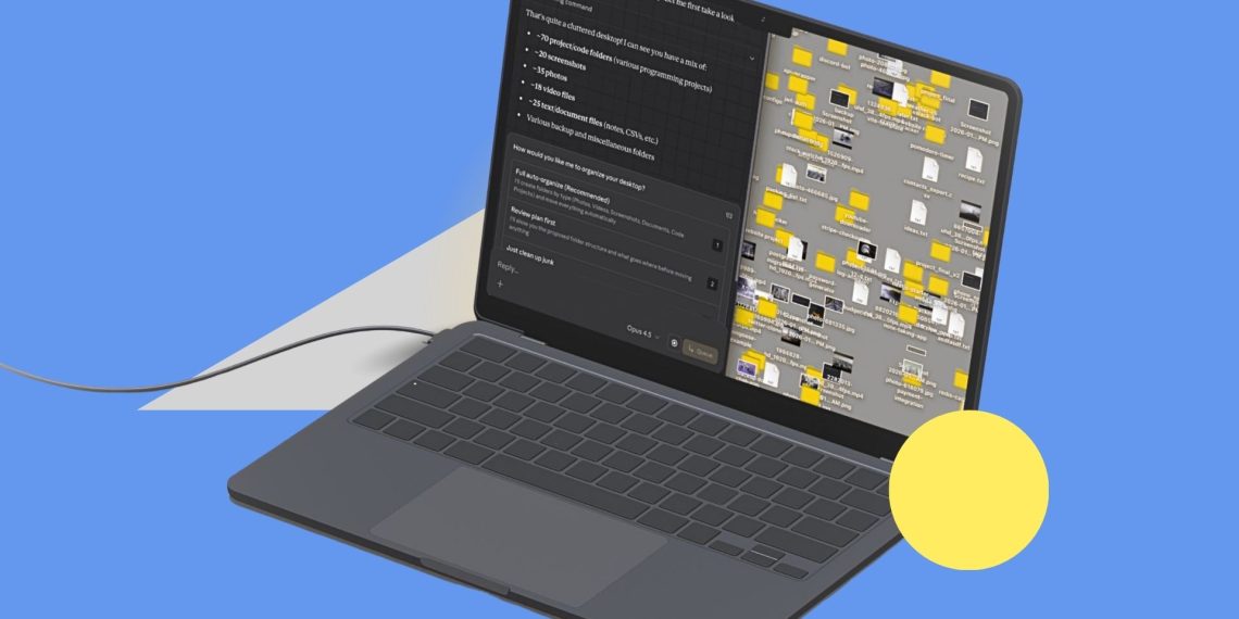 Illustration of an AI agent managing local files outside a browser window