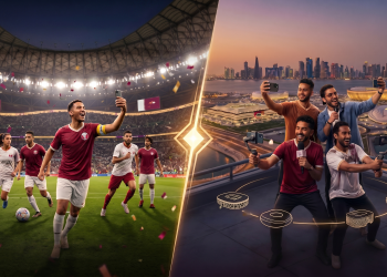 INFLOW creators at the 2022 Qatar World Cup stadium during the Every Beautiful Game project